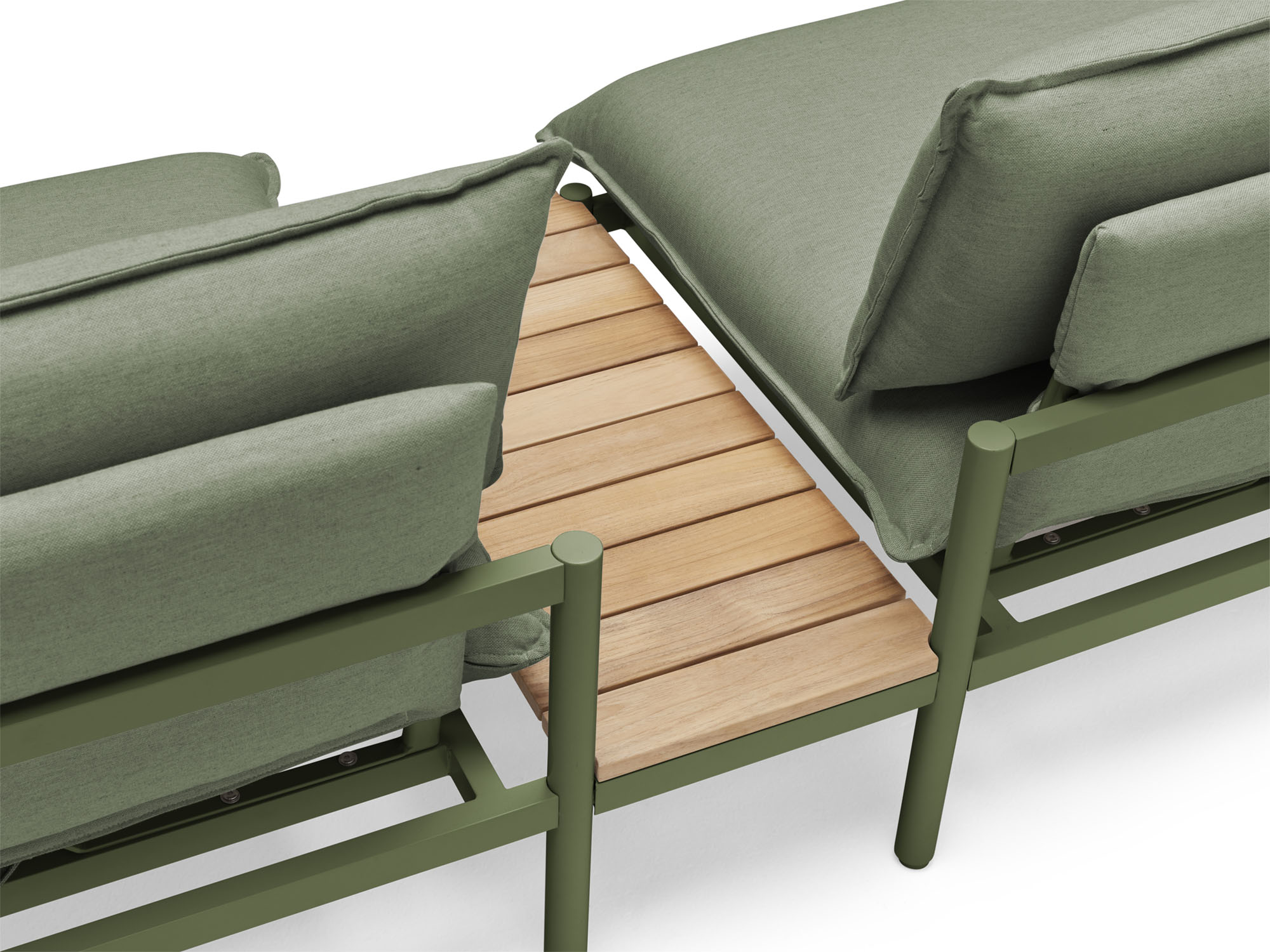 Back angle view of wood and green small outdoor end table